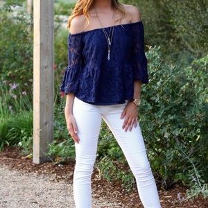 Navy Blue Lace Off the Shoulder Blouse Bell Sleeve